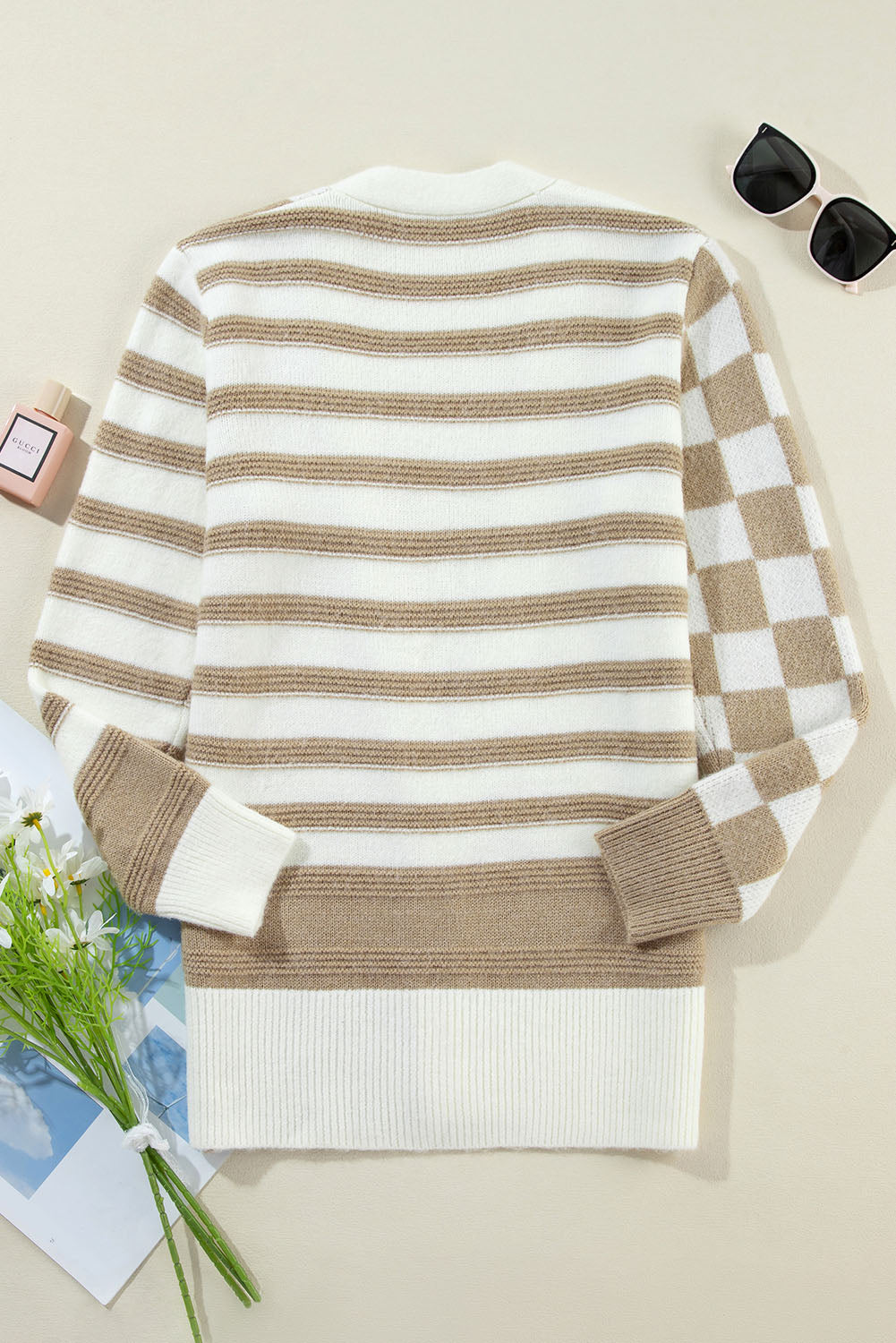 Beige Striped Knitted Cardigan