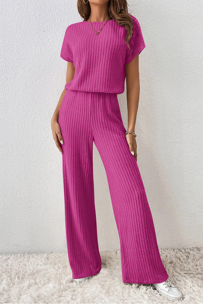 Ribbed Short Sleeve Wide Leg Jumpsuit