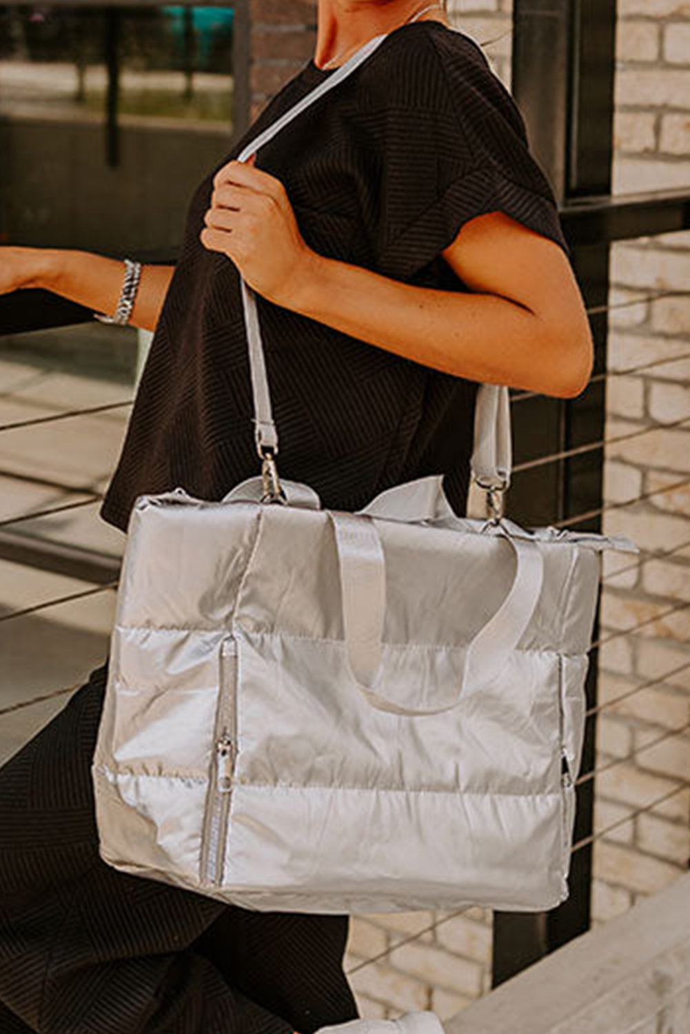 Silver Color Large Tote Bag