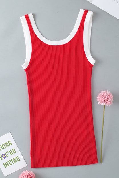 Bright Pink Colorblock Edge Ribbed Knit U Neck Tank Top