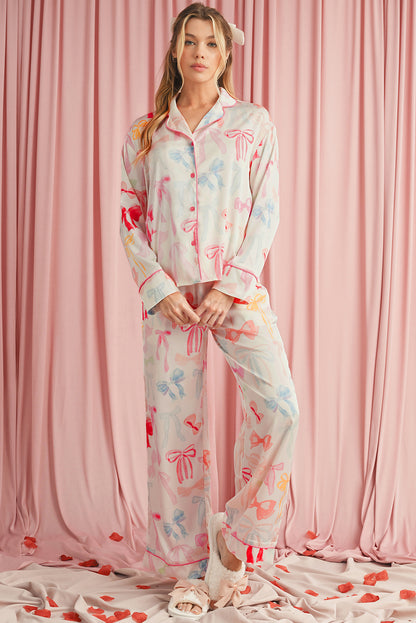 White Bow Print Satin Pajama Set