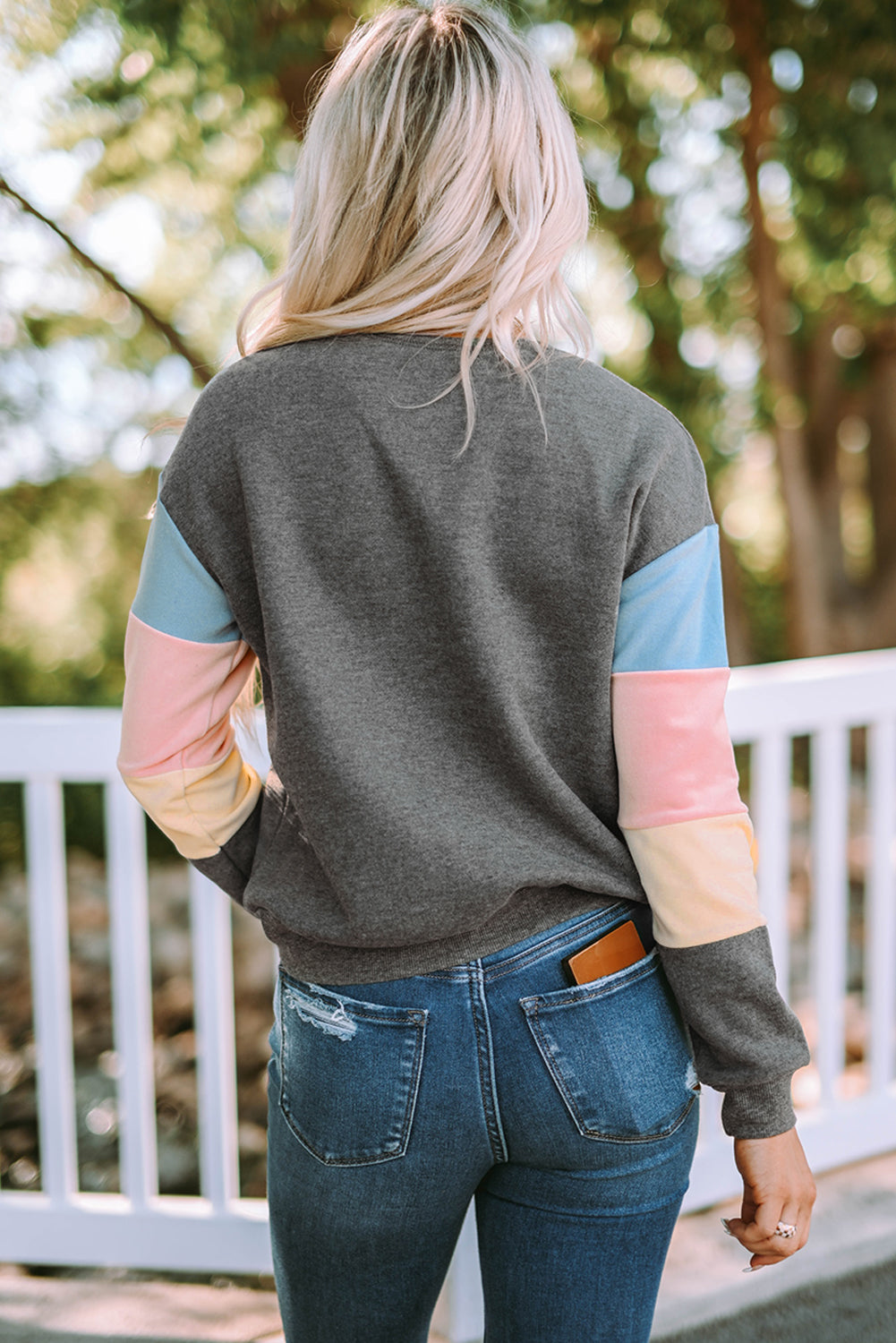 Dark Blue Color Block Casual Drop Sleeve Sweatshirt