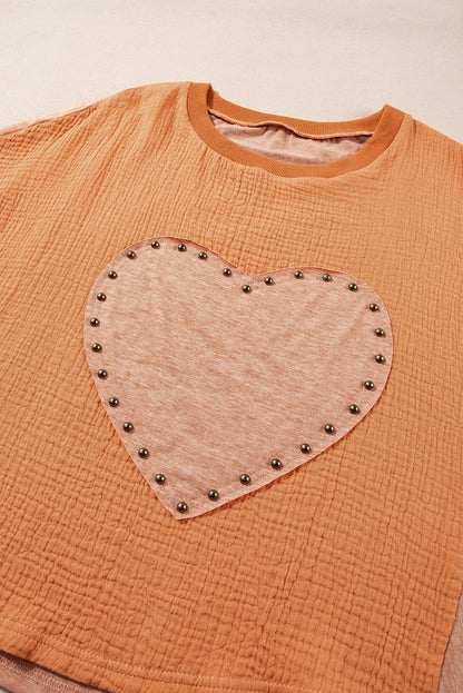 Desert Gold Stud Heart Patch Textured Dolman Top