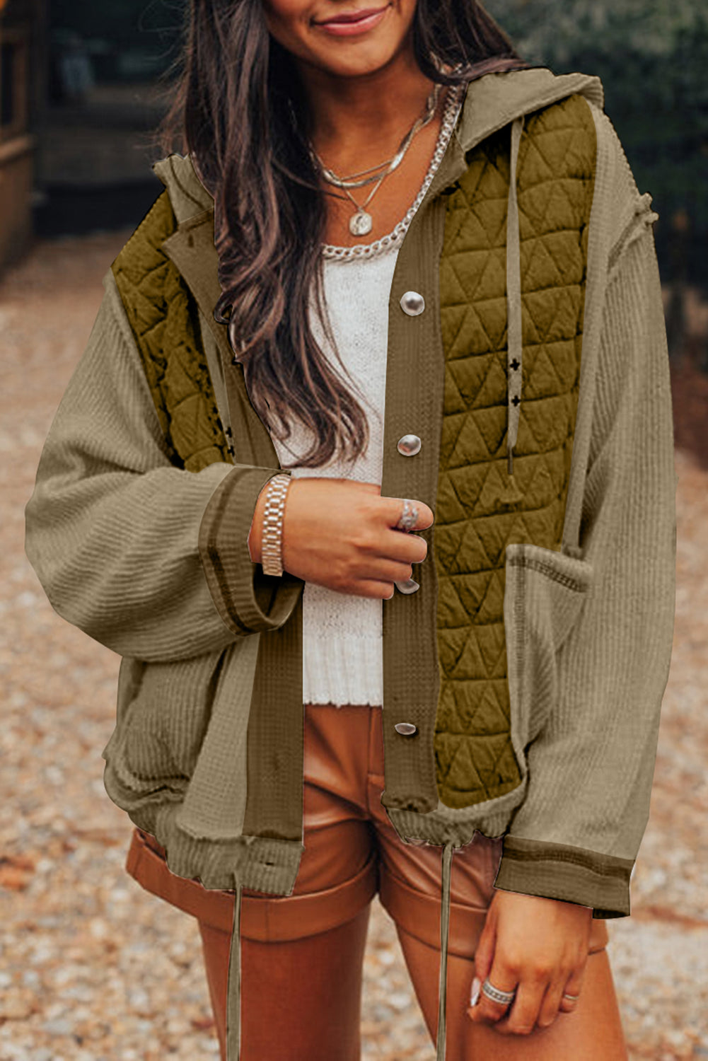 Quilted Textured Patchwork Hooded Jacket