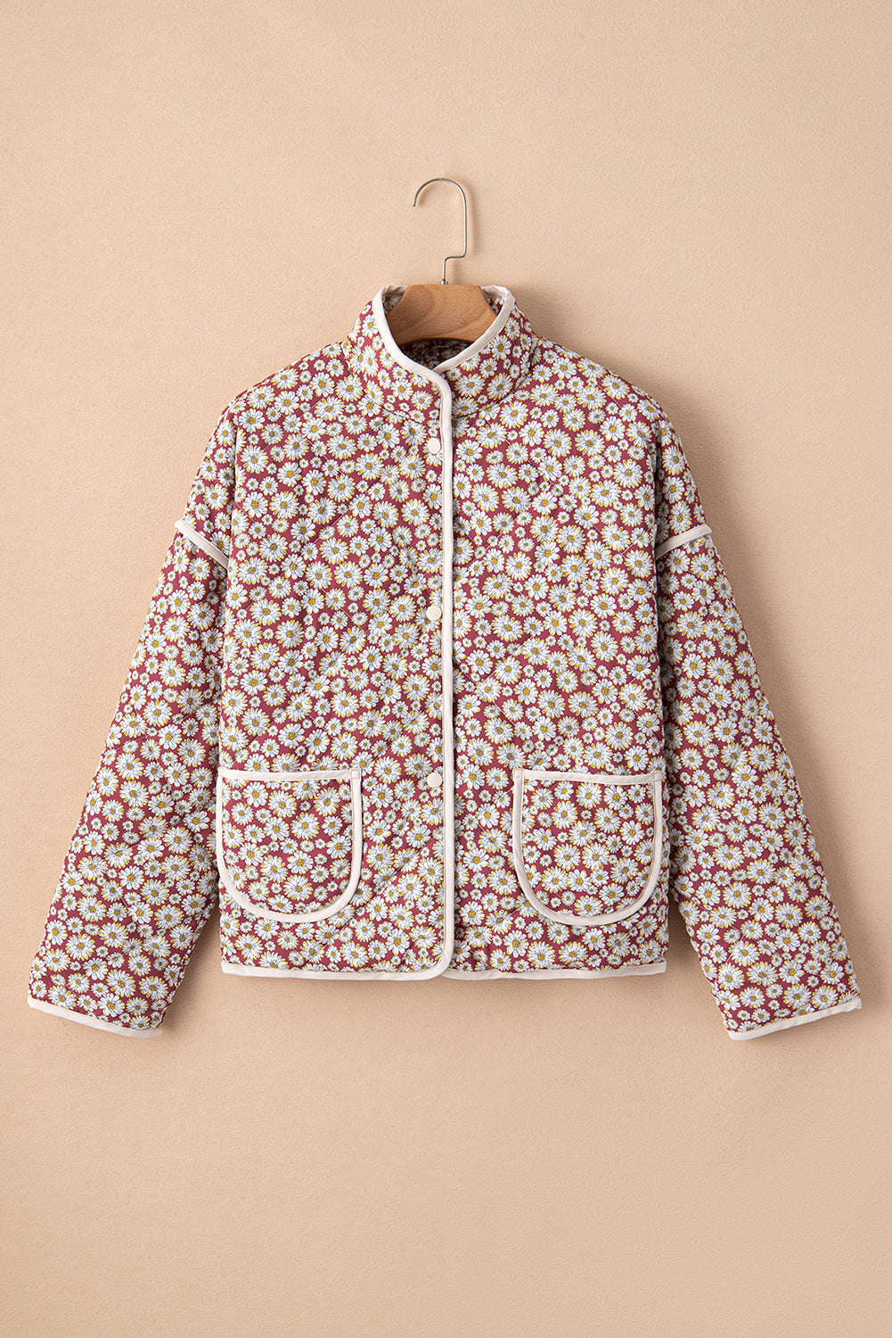 Pink Paisley Print Contrast Edge Pocketed Stand Neck Coat