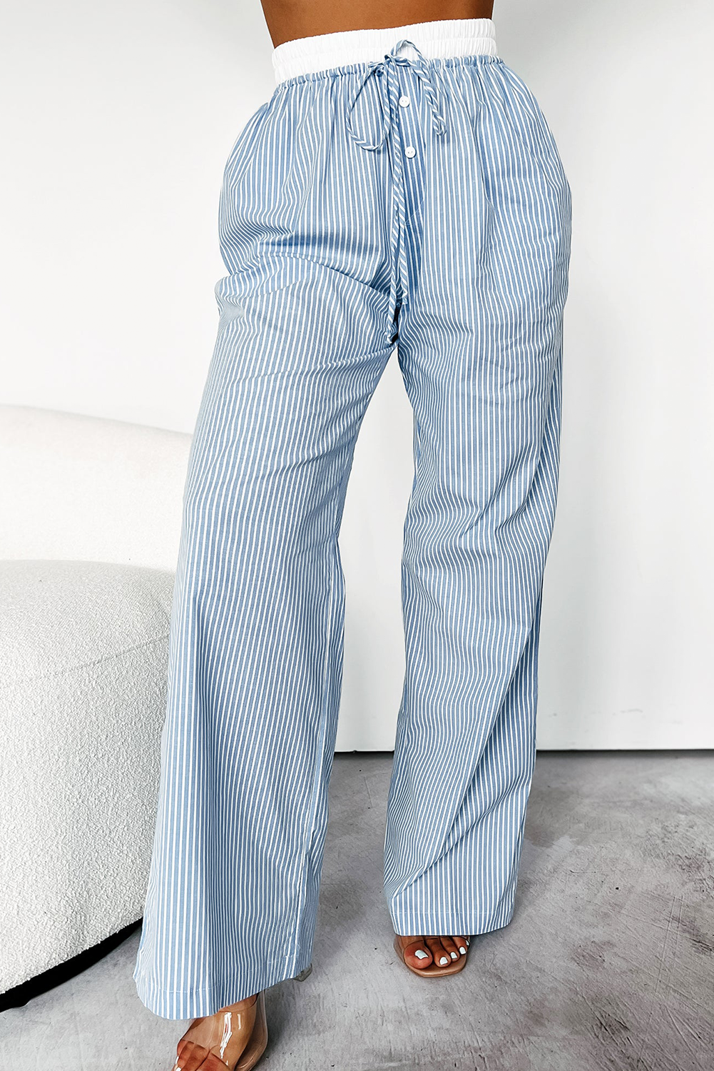 Sky Blue Striped High Waist Wide Leg Pants