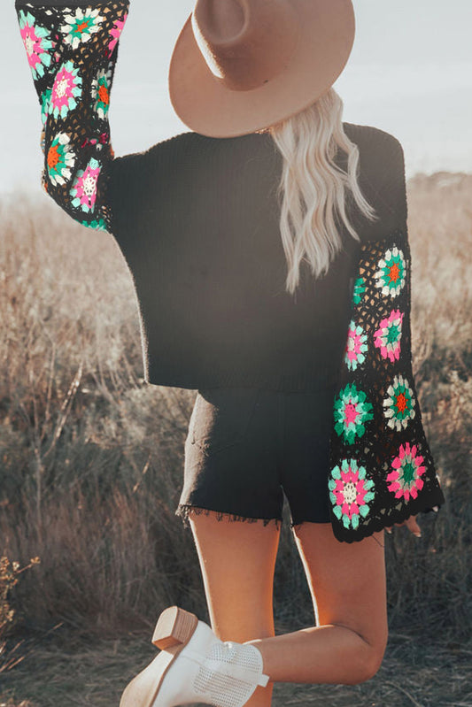 Black Floral Crochet Knit Sweater