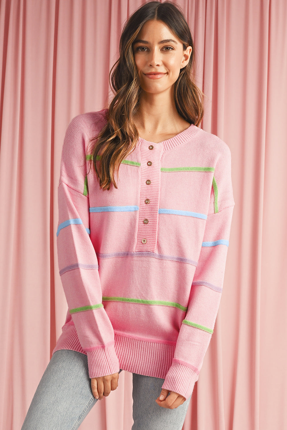 Pink Rainbow Striped Henley Sweater