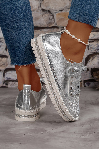 Silvery Rhinestone Lace-up Sneakers