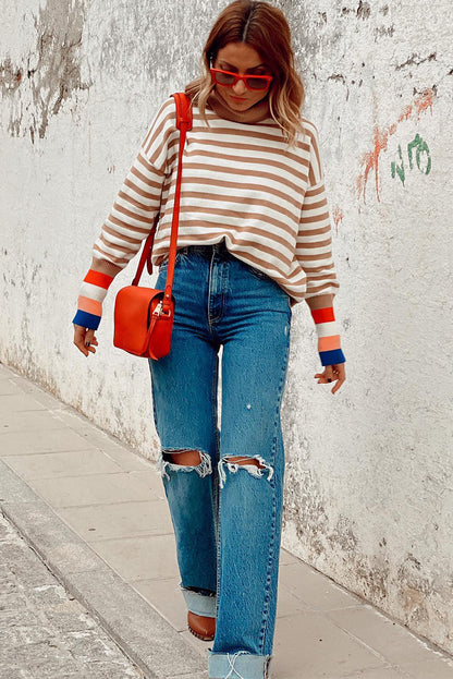 Brown Striped Bishop Sleeve Sweater