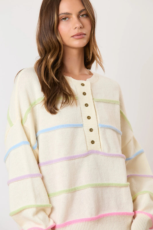 White Rainbow Striped Henley Sweater