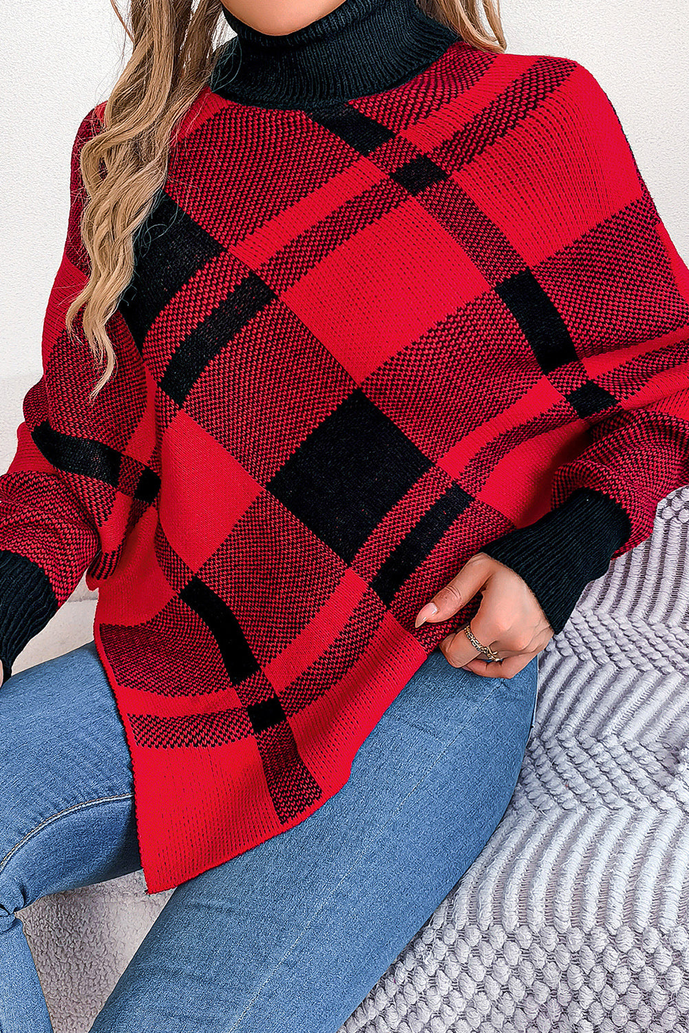 Red Plaid Batwing Sweater