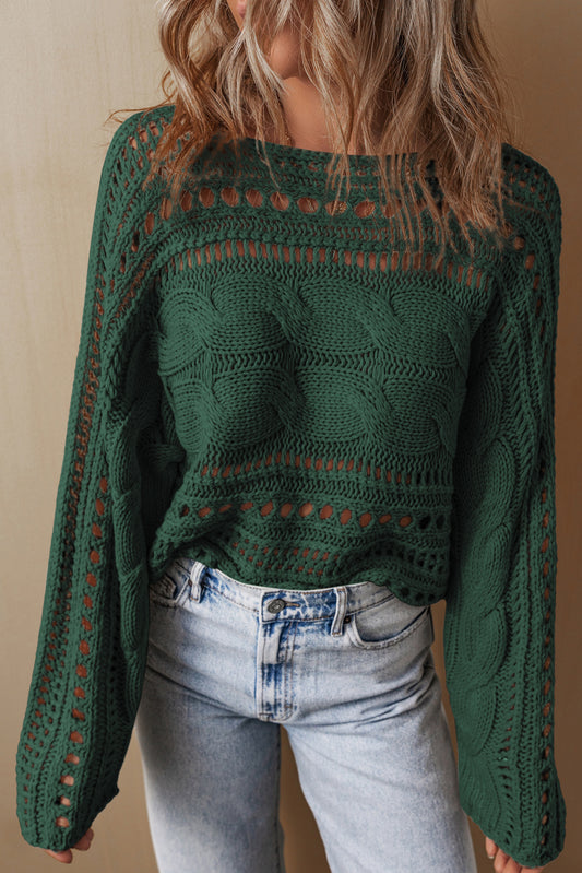 Blackish Green & Smoke Gray Cable Knit Cropped Sweater