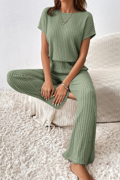 Ribbed Short Sleeve Wide Leg Jumpsuit