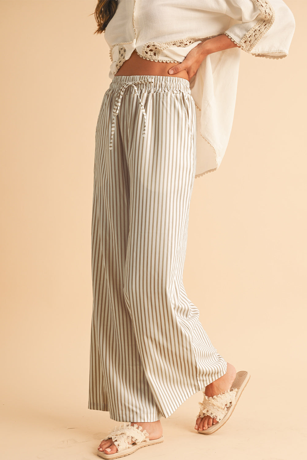 Khaki Striped Drawstring Waist Loose Pants