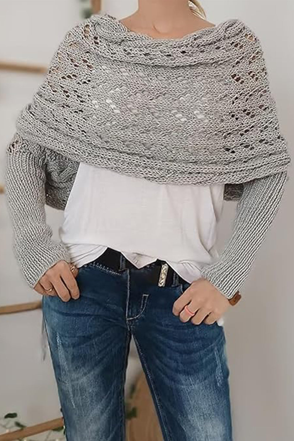 Gray Knit Scarf with Sleeves