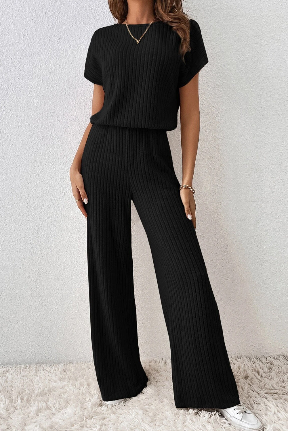 Ribbed Short Sleeve Wide Leg Jumpsuit