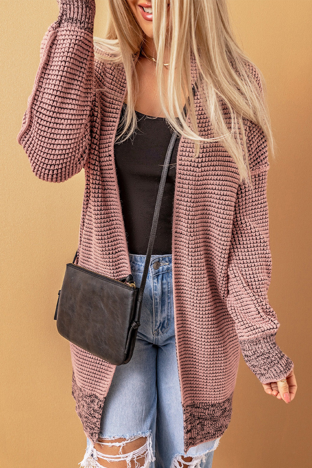 Pink Casual Knit Long Cardigan