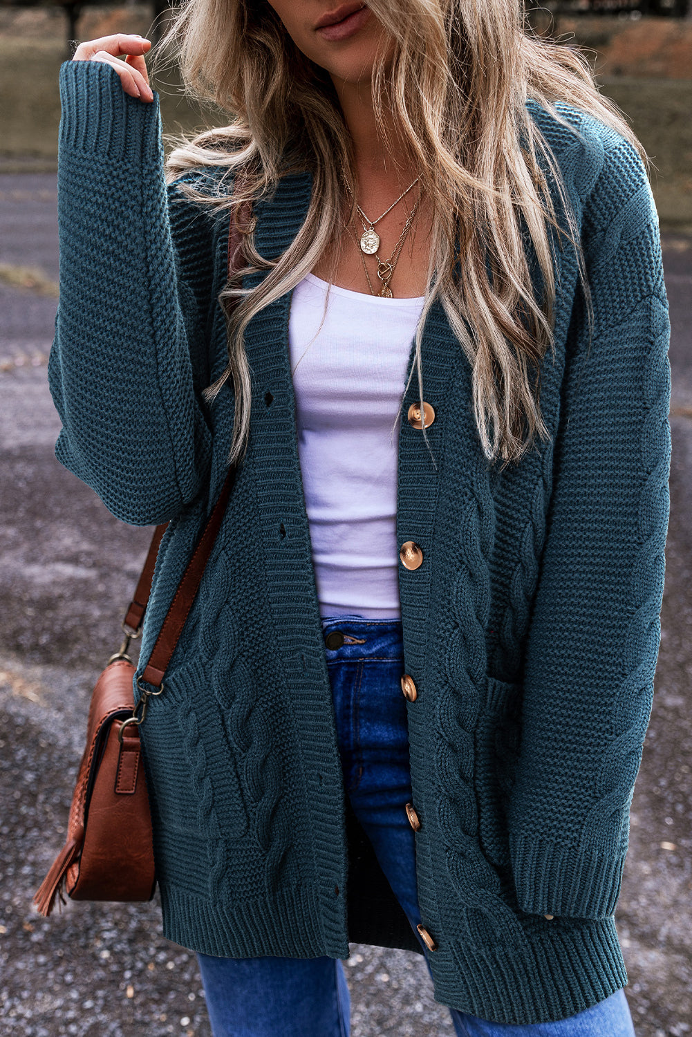 Peacock Blue Cable Knit Baggy Cardigan