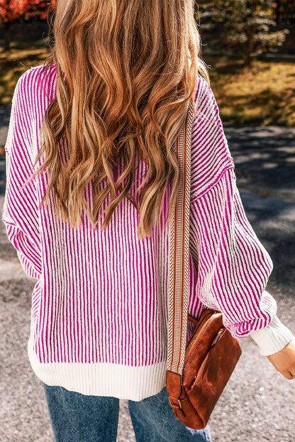 Bright Pink Striped Loose Sweater