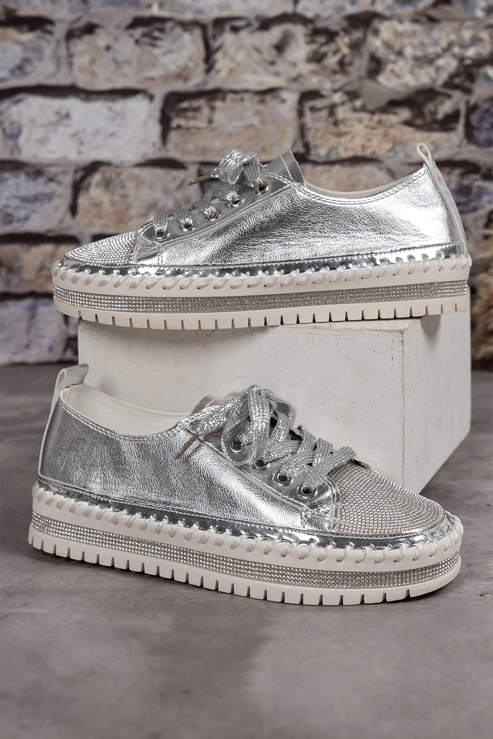 Silvery Rhinestone Lace-up Sneakers