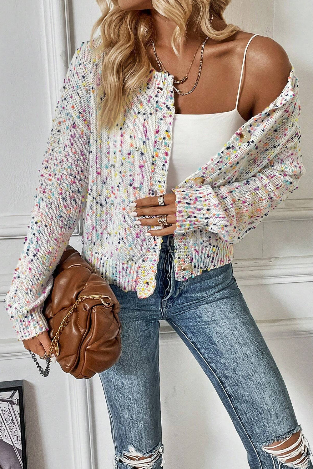 White Confetti Knit Cropped Cardigan