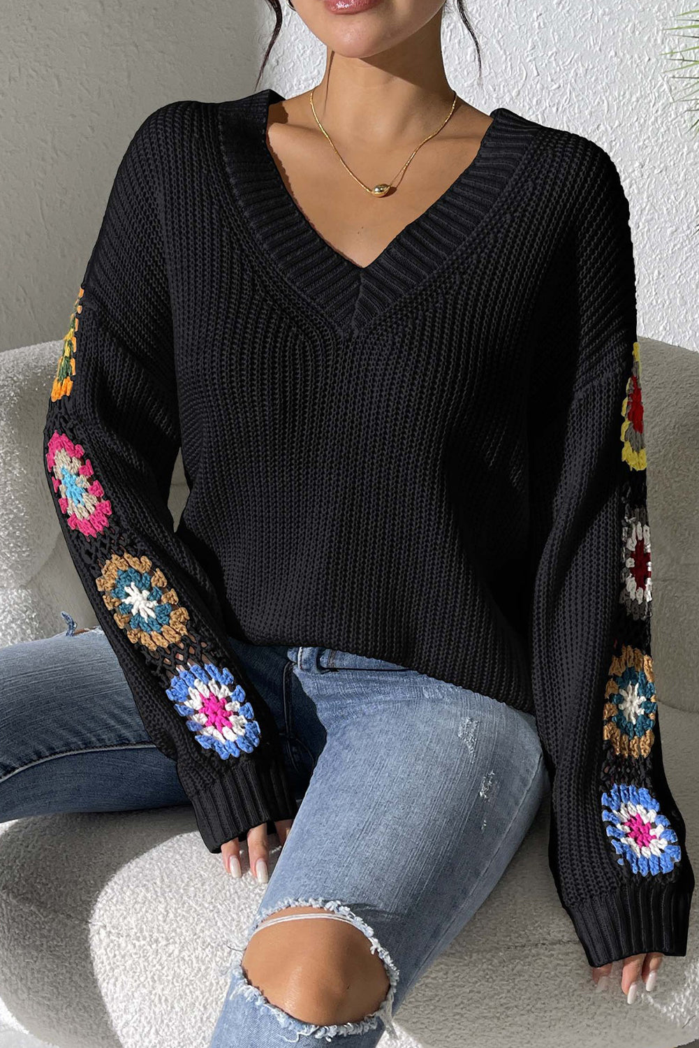 Black Crochet Flower Sweater