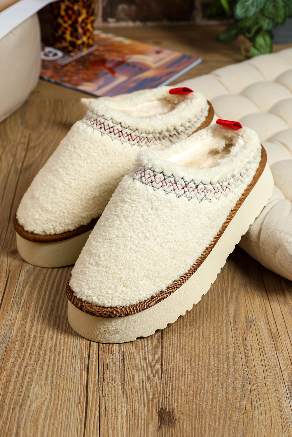 White Suede Plush Thick Sole Slippers