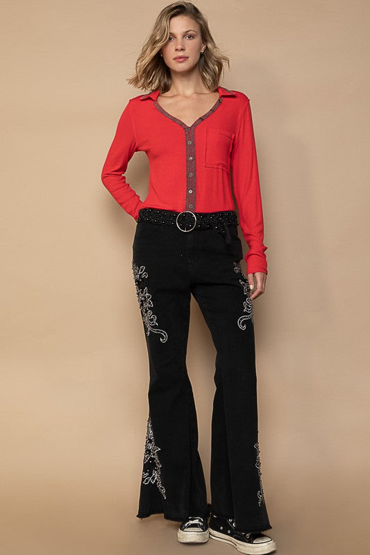 POL Embroidered Flare Pants