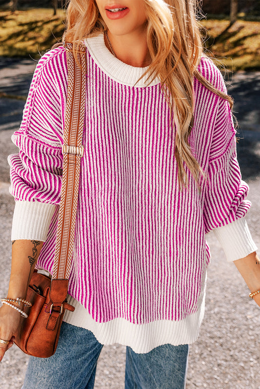 Bright Pink Striped Loose Sweater