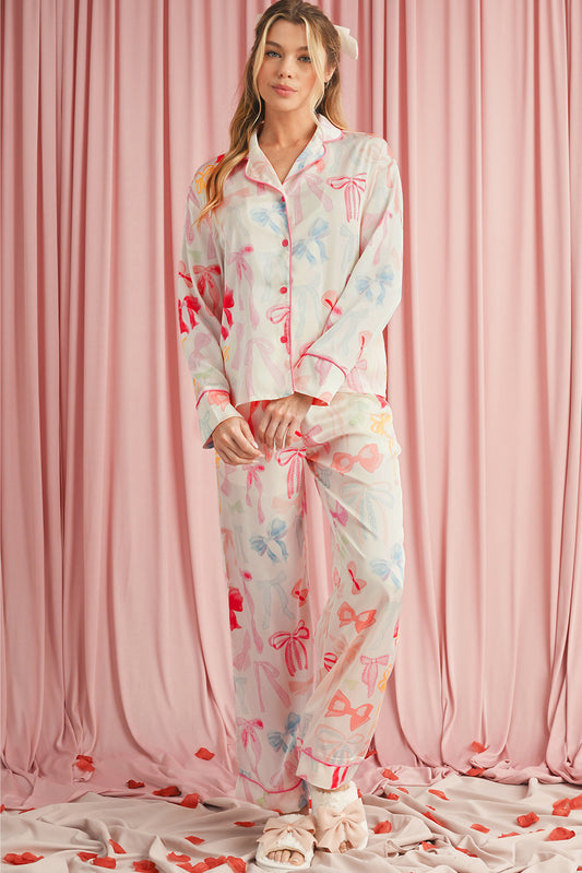 White Bow Print Satin Pajama Set