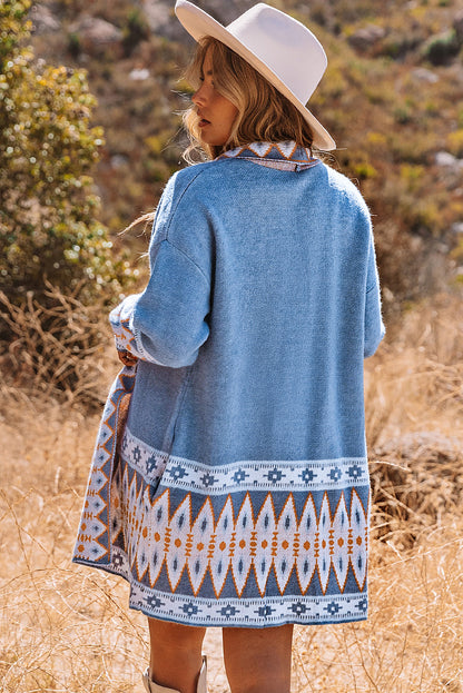 Blue Geometric Print Knit Cardigan