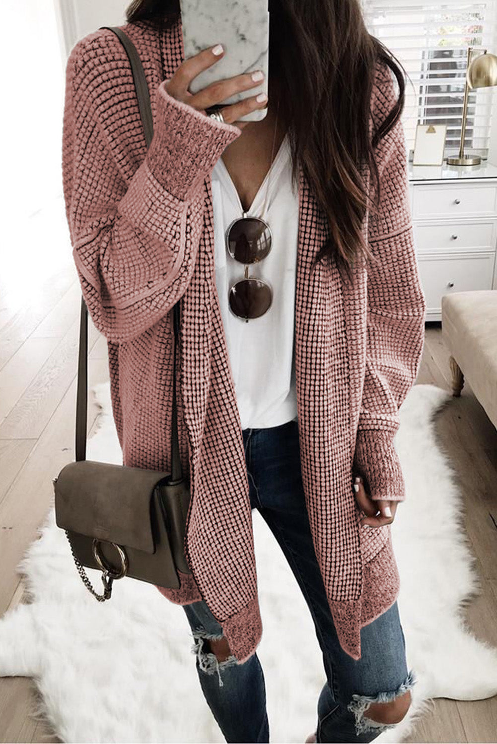 Pink Casual Knit Long Cardigan