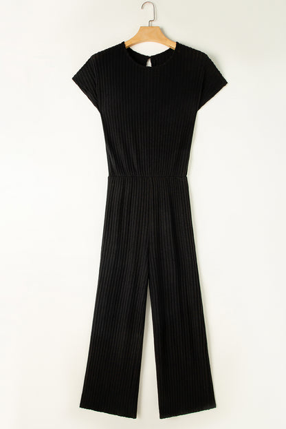 Ribbed Short Sleeve Wide Leg Jumpsuit