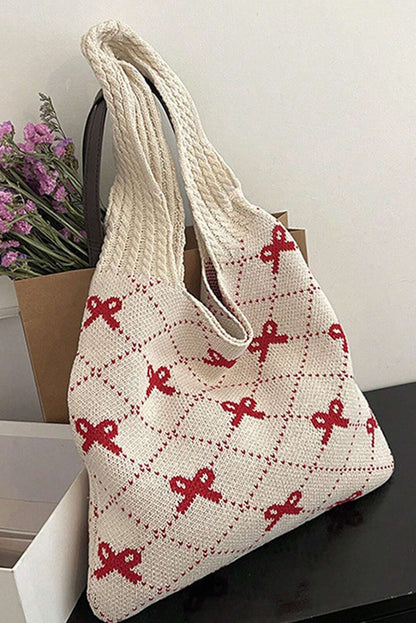 Red Bow Argyle Pattern Knit Tote Bag