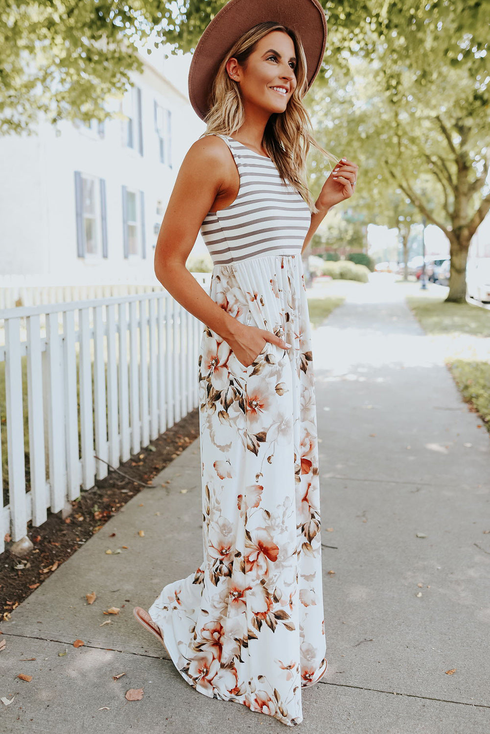 White Boho Stripes & Floral Print Floor Length Tank Dress