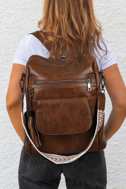 Dark Brown Tassel Decor Retro Large Capacity Backpack