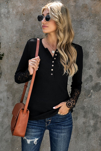 Black Lace Crochet Henley Shirt