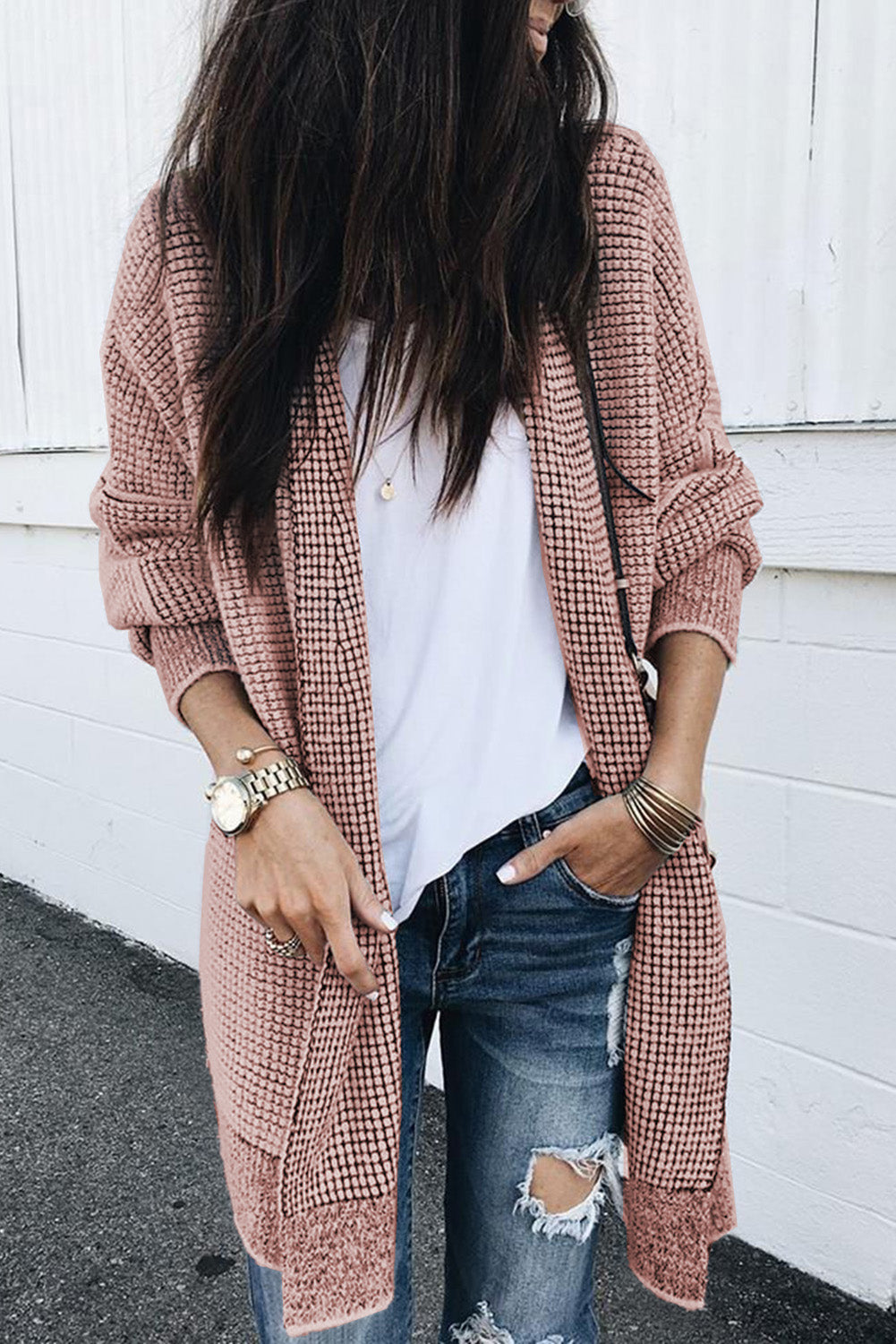 Pink Casual Knit Long Cardigan