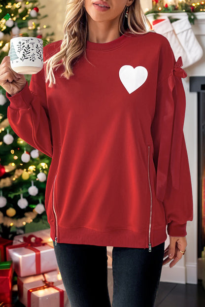 Red Heart Print Bow Decor Sweatshirt