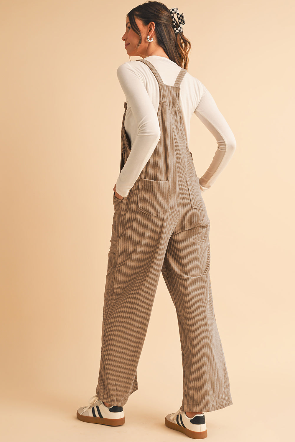 Beige Loose Fit Corduroy Overalls