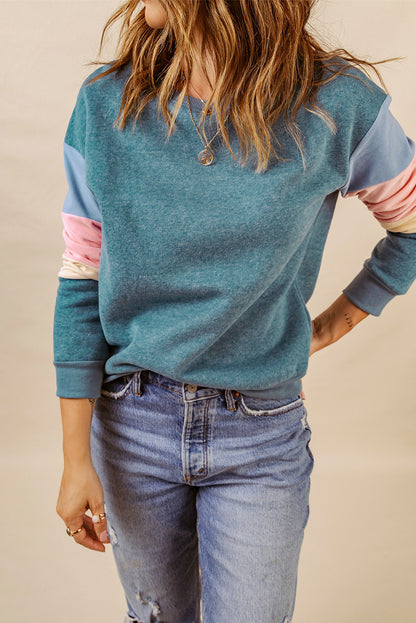 Dark Blue Color Block Casual Drop Sleeve Sweatshirt