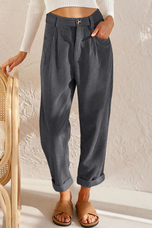 Grey Corduroy Wide Leg Pants