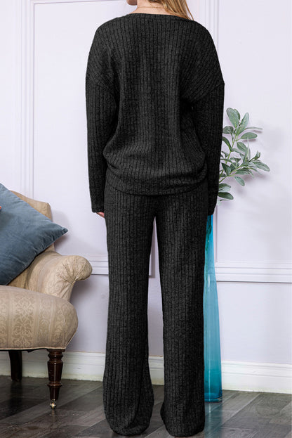 Ribbed Knit V Neck Top & Pants Loungewear Set