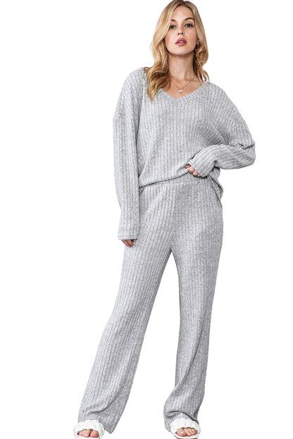 Ribbed Knit V Neck Top & Pants Loungewear Set