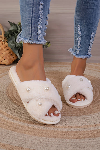 White Pearl Decor Criss Cross Plush Slippers