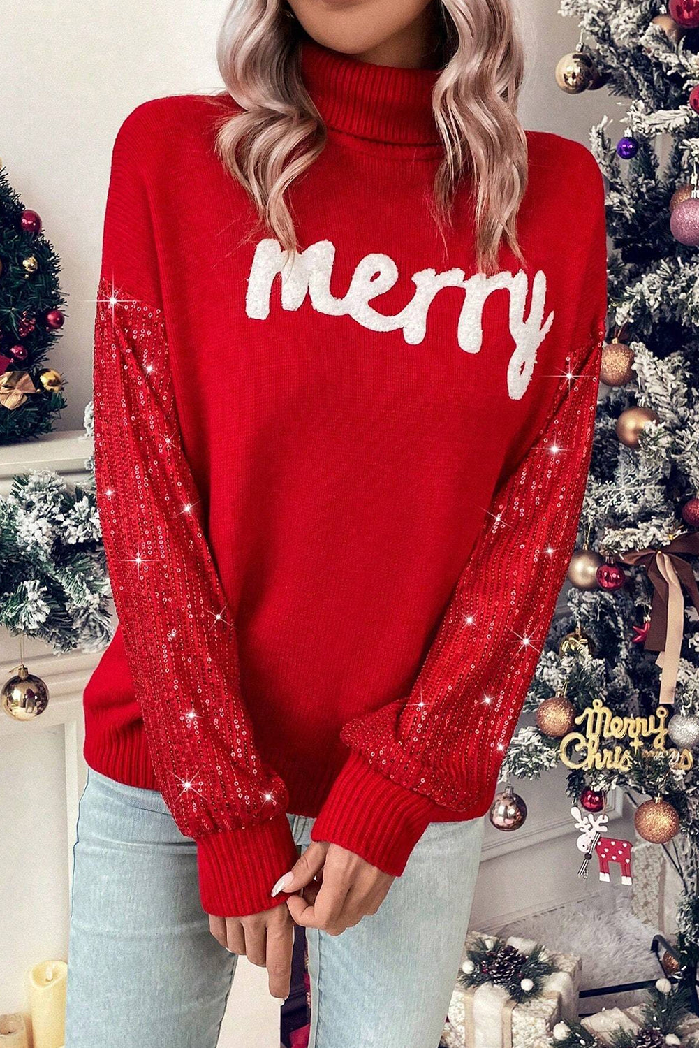 Red Merry Graphic Sequin Sleeves Christmas Sweater