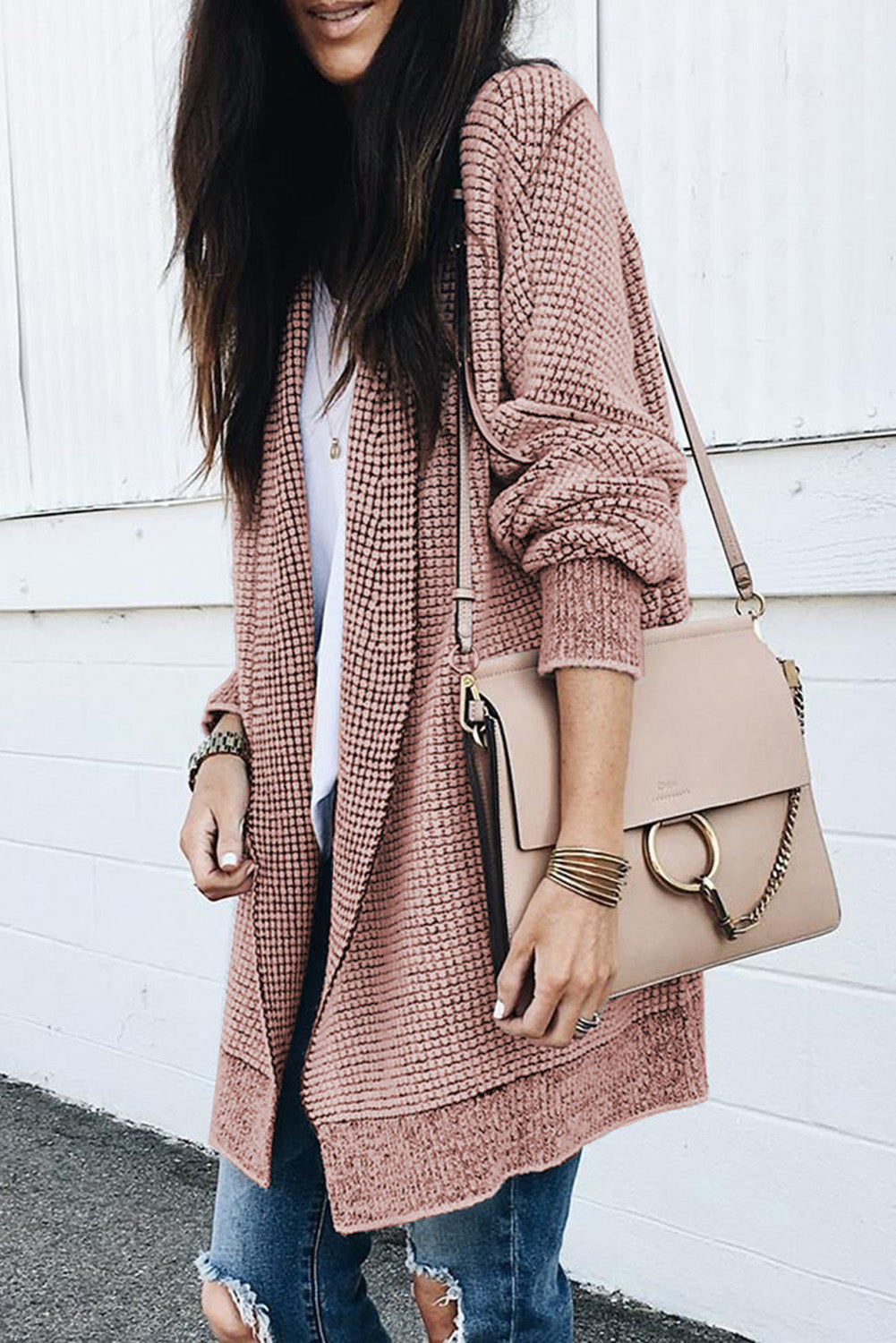 Pink Casual Knit Long Cardigan