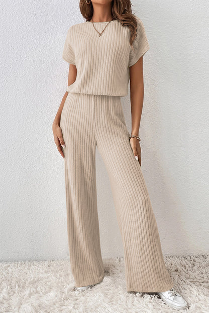 Ribbed Short Sleeve Wide Leg Jumpsuit