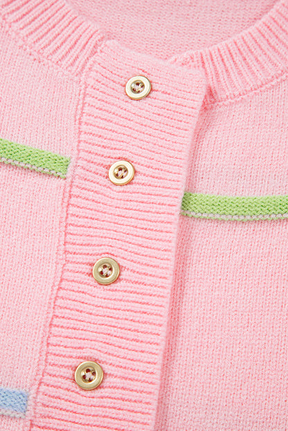 Pink Rainbow Striped Henley Sweater